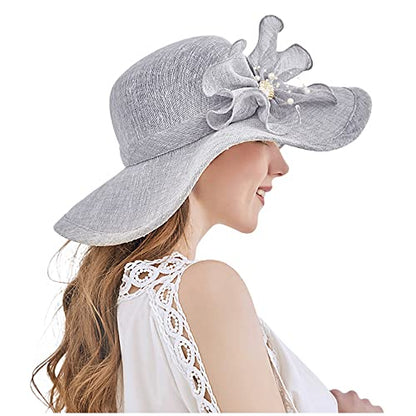 Haoohu Women's Church Derby Hat Wide Brim Bow Bucket Hat Wedding Dress Hat Fascinator Bridal Tea Party Hat - color: Gray Cotton