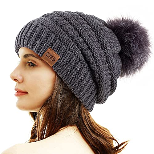 REDESS Women Winter Pom Pom Beanie Hat with Warm Fleece Lined - color: Dark Gray