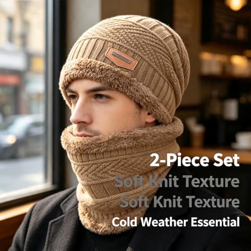 Khaki Knit Balaclava Hat Fleece Lined Winter Neck Warmer Set