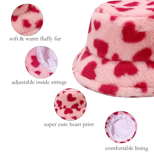 Winter Faux Fur Furry Bucket Hat Fluffy Fuzzy Warm Hat Plush Fisherman Hat for Women Men Teens Girls - color: Pink Heart