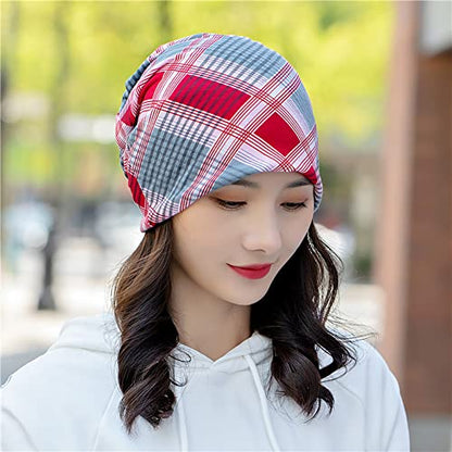 XYIYI Womens Chemo Headwear Hats Cotton Slouchy Beanie Cap Scarf - color: 2pcs Checkered Pink Blue-y