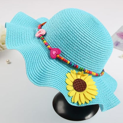 Girls Straw Hat with Flower Round Sunglasses, Summer Foldable Large Brim Sunflower Bowknot Beach Toddler Straw Sun Hat, 2-6T - color: Blue