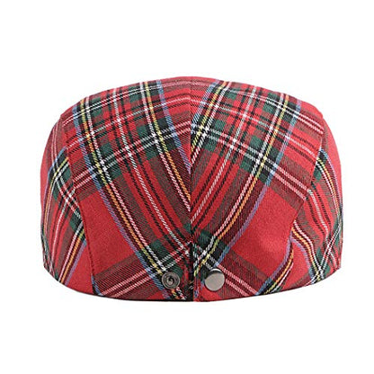 Gudessly Mens Adjustable Colorful Striped Plaid Ivy Newsboy Cabbie Gatsby Golf Cap Flat Cotton Hat Thin Cap - color: T-red