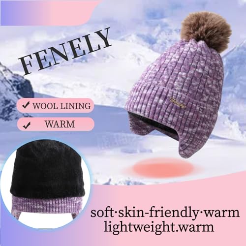 FENELY Women's Knitted Warm Beanie Winter Hat, Warm Chunky Snow Hat with Pompom - color: Purplespacedye