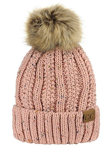 C.C Thick Cable Knit Faux Fuzzy Fur Pom Fleece Lined Skull Cap Cuff Beanie - color: Confetti Indi Pink