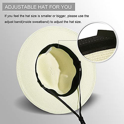 Lanzom Women Wide Brim Straw Panama Roll up Hat Fedora Beach Sun Hat UPF50+ - color: 02-fold Belt Beige, size: One Size-Medium