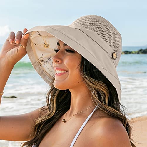 Women's-Mesh-Sun-Hats Beach Bucket Caps Outdoor-UV-Protection Foldable-Hat - color: Beige