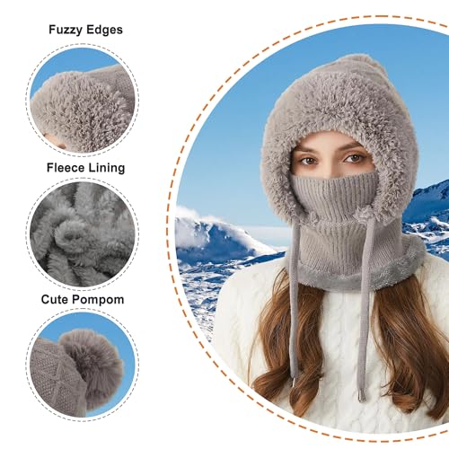 HUAMULAN Women Cable Knit Balaclavas Winter Fleece Lined Beanie Hat - color: Gray With String