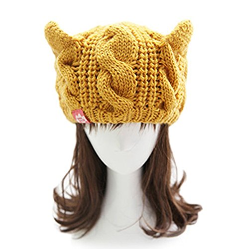 Women Winter Wool Baggy Beret Beanie Cute Devil Cat Ear Crochet Braided Knit Hat Ski Cap - color: Yellow