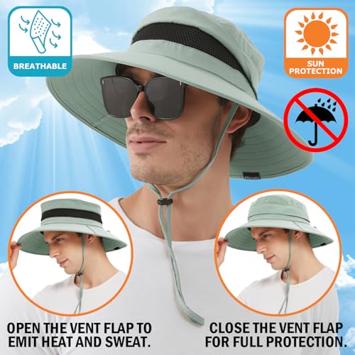 Men's UPF 50+ Waterproof Wide Brim Boonie Hat, Sun & Rain Protection - color: Light Green (No Waterproof)