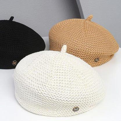CLeemuzinN Women Summer Beret Hat Slouchy Crochet French Artist Caps Travel Beach Painters Hats Ladies Spring Fall - color: Ivory, size: Medium-Large