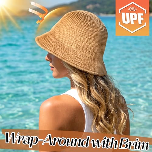 Babalet Summer Straw Beach Sun Hats for Women Packable Floppy Bucket Hat - color: Khaki