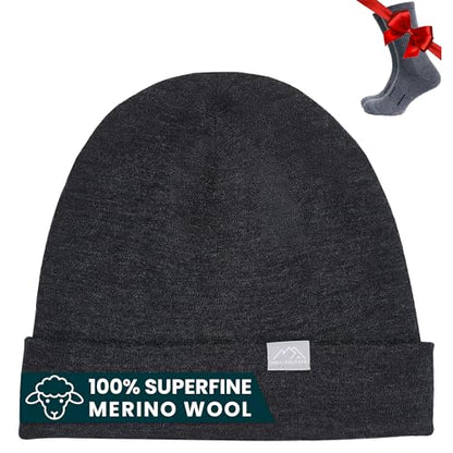100% Merino Wool Beanie for Women, Men - Set Adult Skull Cap 17.5um & Socks - color: Charcoal Grey, size: Small-Medium