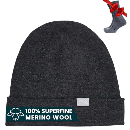 100% Merino Wool Beanie for Women, Men - Set Adult Skull Cap 17.5um & Socks - color: Charcoal Grey, size: Large-X-Large