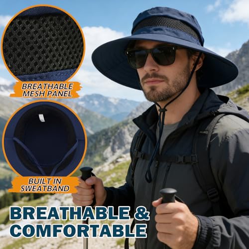 Men's UPF 50+ Waterproof Wide Brim Boonie Hat, Sun & Rain Protection - color: Navy Blue