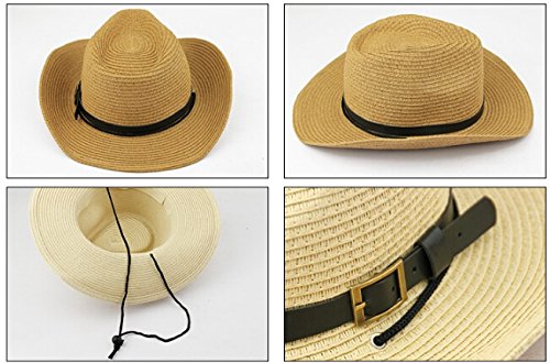 Men's Floppy Packable Straw Hat Beach Cap Newsboy Fedora Sun Hat, Big Brim, Adjustable Chin Strap - color: Khaki