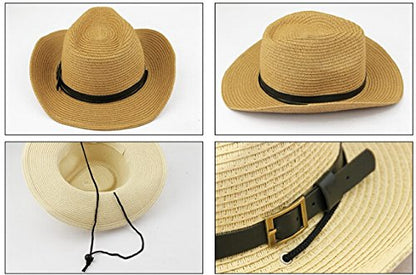 Men's Floppy Packable Straw Hat Beach Cap Newsboy Fedora Sun Hat, Big Brim, Adjustable Chin Strap - color: Khaki