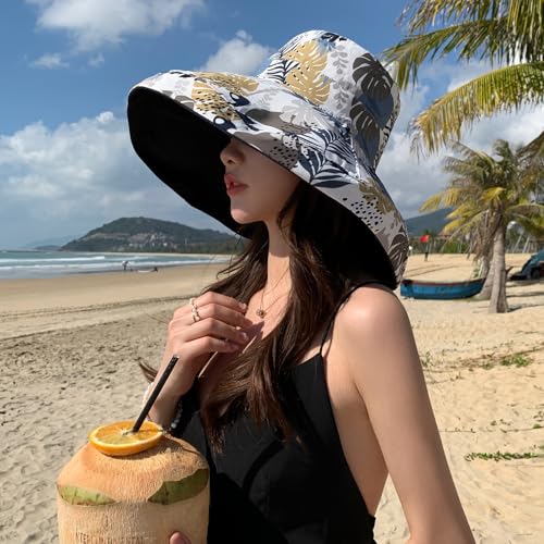 Women Wide Brim Sun Protection Hat Summer Fishing Hats - color: Navy and Leaf Print