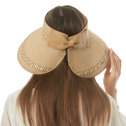 Women Sun Visors Foldable Straw Hats Summer Beach Packable Hat Floppy Wide Brim Cap Deep Style, Adjustable Size - color: Khaki Mix