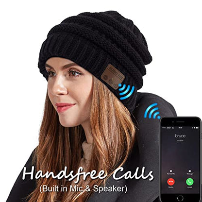Wireless Music Beanie Hat for Men Women Unisex Winter Warm Soft Knit Cap Beanie with Wireless Headphone Headset Stereo HD Speaker Mic Boys Girls Tech hat - color: Black-02