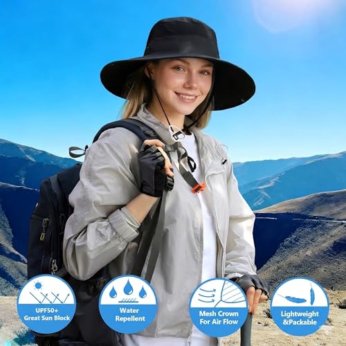HUAMULAN Men Women 6" Wide Brim Sun Hat Summer Fishing Hats UV Protection - color: Hyp017-black