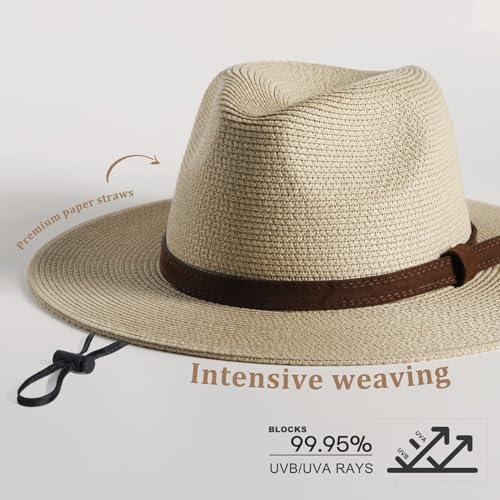 FURTALK Womens Mens Wide Brim Straw Panama Hat Fedora Summer Beach Sun Hat - color: Ae-beige 02, size: Medium-Large