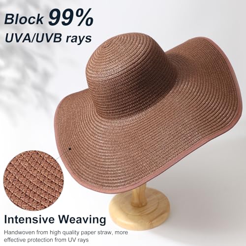 AQOKKA Sun Hats for Women Big Straw Wide Brim Summer Beach Hat Floppy Foldable Roll up Cap for Outdoor UPF 50+ - color: Wide Brim : Coffee