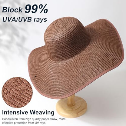 AQOKKA Sun Hats for Women Big Straw Wide Brim Summer Beach Hat Floppy Foldable Roll up Cap for Outdoor UPF 50+ - color: Wide Brim : Coffee