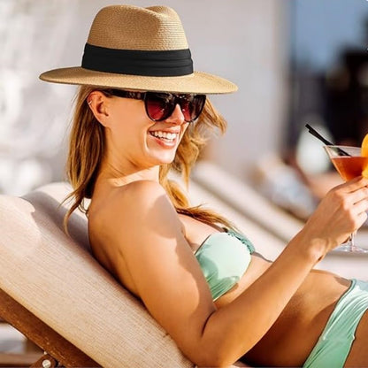 Unisex Adjustable Summer Straw Fedora Hat Sun Cap Panama Wide Brim For Beach Summer Outdoors Camping Supplies - color: Khaki