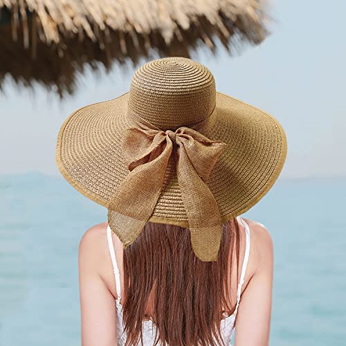 Floppy Big Beach Straw Hats for Women Foldable Summer Wide Brim Packable Sun Hat Womens Travel Straw Fedora Hat - color: Khaki-2