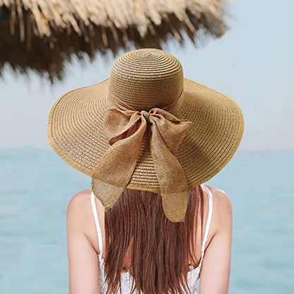 Floppy Big Beach Straw Hats for Women Foldable Summer Wide Brim Packable Sun Hat Womens Travel Straw Fedora Hat - color: Khaki-2