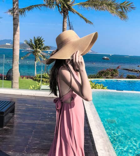 ericotry 1PC Women Foldable Floppy Beach Cap Wide Brim Sun Protection Straw Hat Big Bowknot Summer Sun Hat UPF 50+ (Khaki)