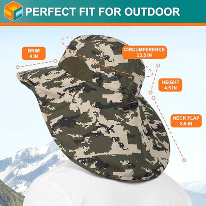 SUN CUBE Wide Brim Sun Hat with Neck Flap for Men Women, UPF50+ Fishing - color: Green Camo