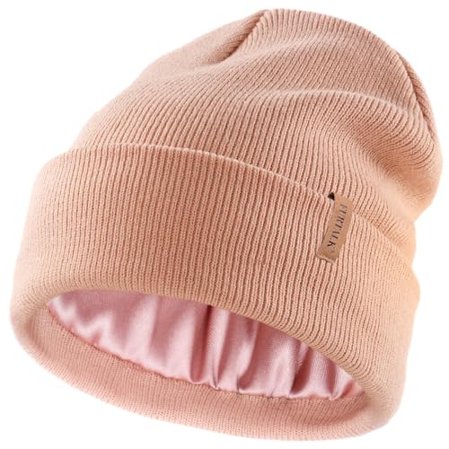 FURTALK Satin Lined Beanie for Women Men Knit Beanie Hat Acrylic Winter Hats Warm Slouchy Skull Cap - color: Pink