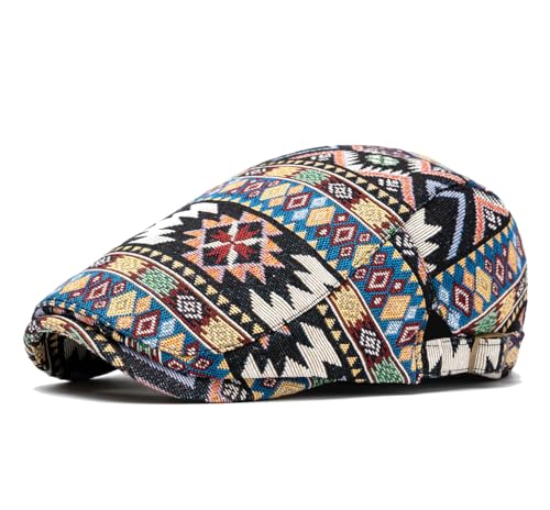 Cotton Newsboy Cap,Breathable Ivy Gatsby Cabbie Beret Hat for Men's Women Driving Hunting Golf - color: Ethnic Blue