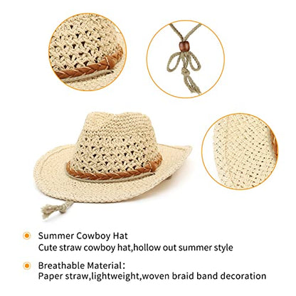 GEMVIE Baby Toddler Kids Sun Straw Western Cowboy Hat Wide Brim with Chin Strap - color: Beige