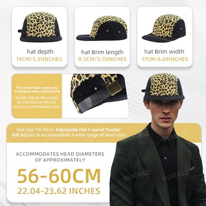 Snapback 5 Panel Hat for Men Women Classic Flat Bill Baseball Cap Trucker Hat Leopard Print Hip Hop Biker Board Cap