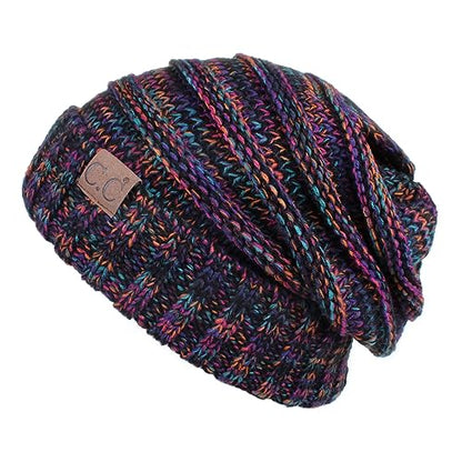 C.C Hat-100 Oversized Baggy Slouch Thick Warm Cap Hat Skully Cable Knit Beanie - color: Black-multi