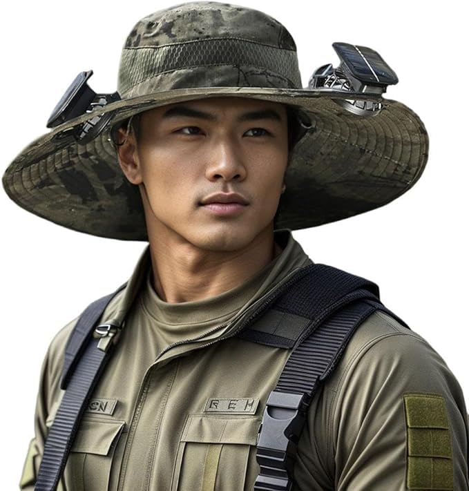 Outdoor Wide Brim Sun Hat with 2 Solar Fan Sun Bucket Hat for Men Women UPF 50+ Bucket Fishing & Beach Hat with Fan Built in - color: Camouflage Green