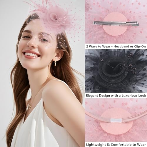 Fascinators Hats for Women – Tea Party & Kentucky Derby Hats with Headband & Clip, Elegant Church Wedding Headpiece - color: Pink