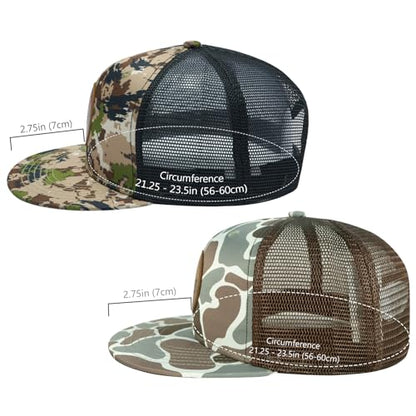 BASSDASH 2 Pack Flat Brim Trucker Cap Adjustable Snapback Hat Mesh Back for Men Women Fishing Hunting - color: Pack of 2, Highland & Color Block Camo