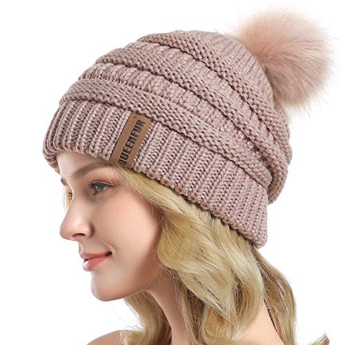 Women Knit Slouchy Beanie Chunky Baggy Hat with Faux Fur Pompom Winter Soft Warm Ski Cap - color: C4-rose Pink