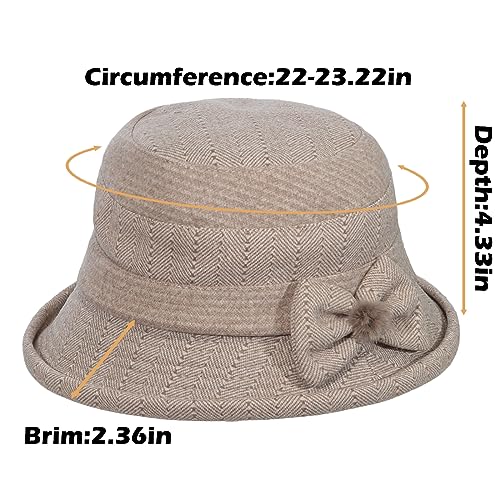 Women Winter Warm Bucket Hat 1920s Vintage Cloche Bowler Hats Fashion Ladies Church Bucket Hat - color: Light Khaki