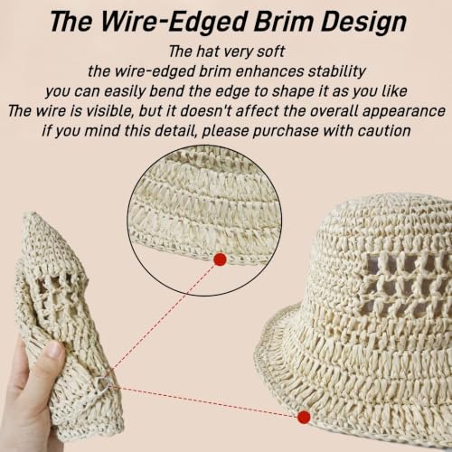 Floppy Big Beach Straw Hats for Women Foldable Summer Wide Brim Packable Sun Hat Womens Travel Straw Fedora Hat - color: Beige-6
