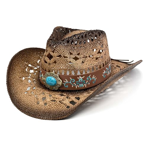 FLUFFY SENSE. Cowgirl Hats for Women Straw Cowboy Hat Western Beach Sun Hat with Shapeable Brim for Coastal Cowgirl - color: Pecan Brown