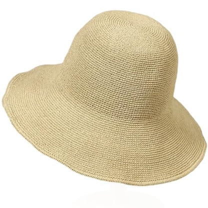 Women Straw Sun Hat Summer Beach Hats Foldable Floppy Cap Wide Brim Bucket Hat Solid Handmade Sun Protection Caps - color: Beige