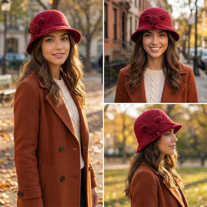 Woolen Cloche Hat for Women, Flower Winter Warm Bucket Cap - color: Wine Red