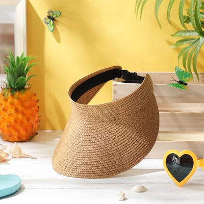 Chicingyou Sun Visor Hat for Women Wide Brim Straw Visors Beach Hat Ponytail UV UPF Packable Foldable Travel - color: Brown
