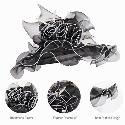 Women Oganza Sun Hat Church Wide Brim Wedding Formal Fascinator Hat - color: Black & White
