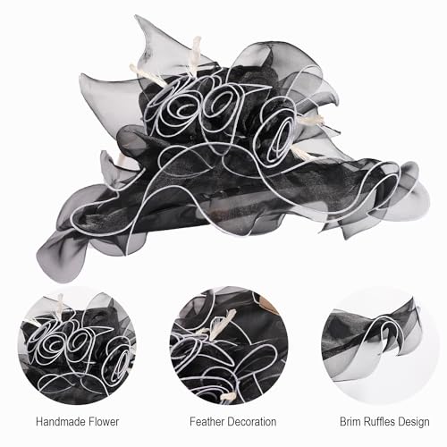 Women Oganza Sun Hat Church Wide Brim Wedding Formal Fascinator Hat - color: Black & White